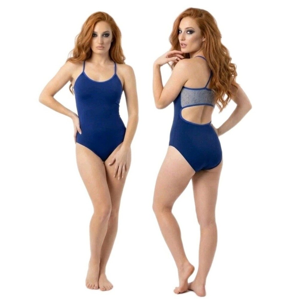Aja VTG Blue Open Back Cutout Mesh Lace Crossback Tank Leotard AS/SA Size Small